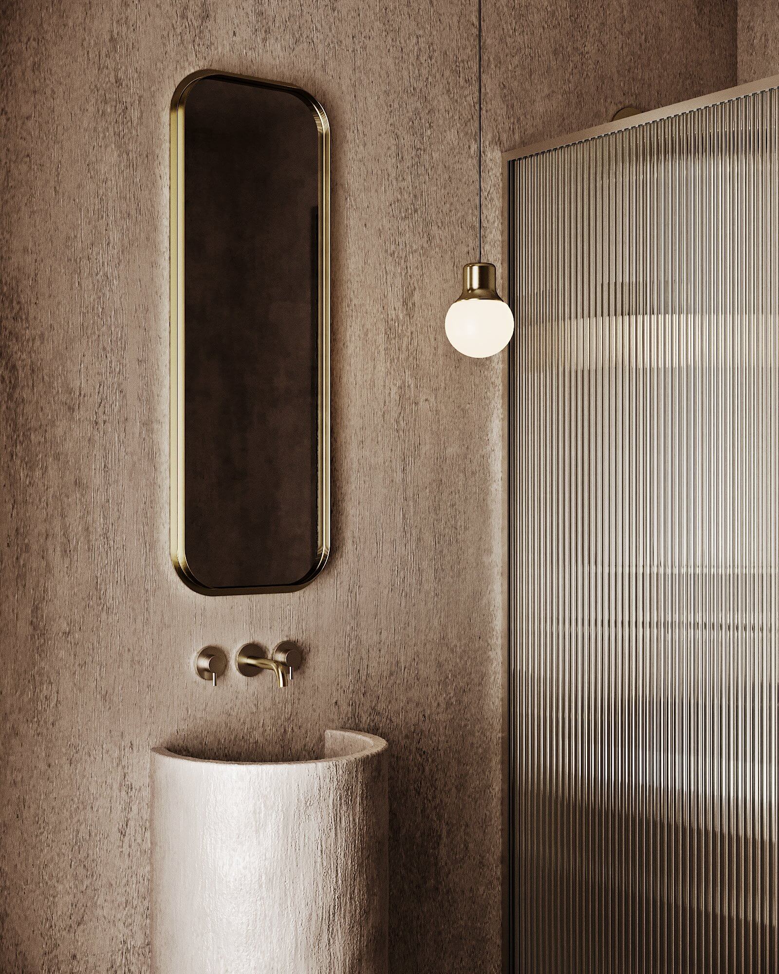 Monochrome bathroom design mirror gold frame gold faucet - cgi visualization