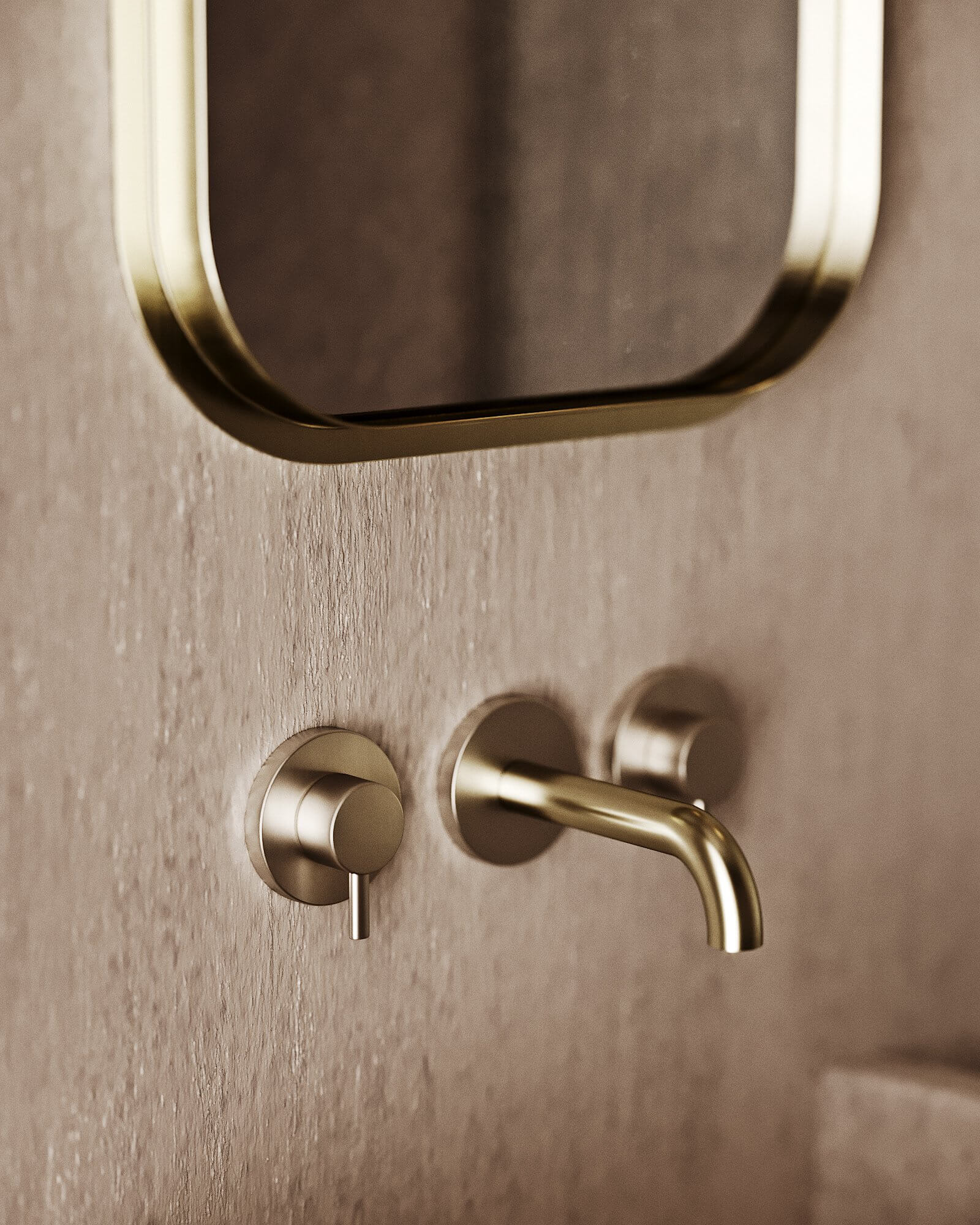 Monochrome bathroom design mirror gold frame gold faucet detail - cgi visualization