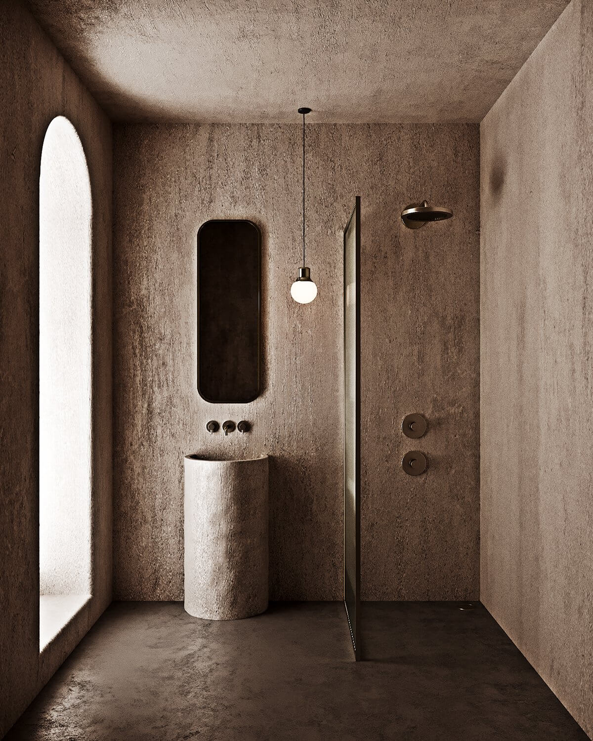 Monochrome bathroom design plastered walls - cgi visualization