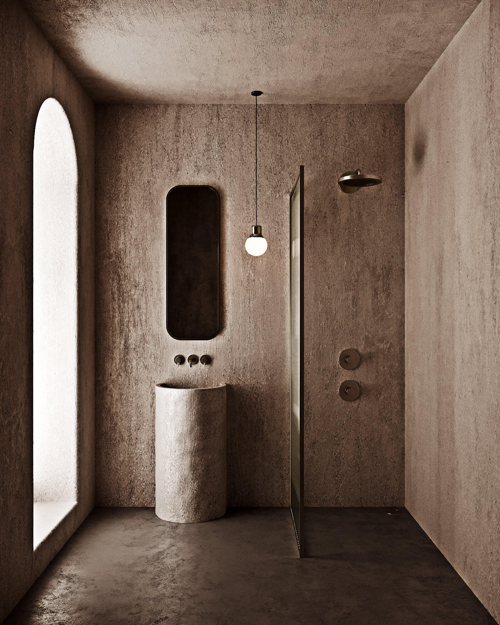 Monochrome bathroom design shower wash basin - cgi visualization