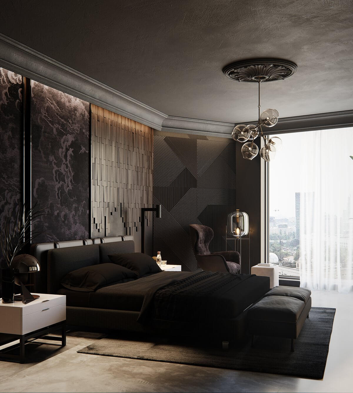 Moscow apartment bedroom black bed 2 - cgi visualization