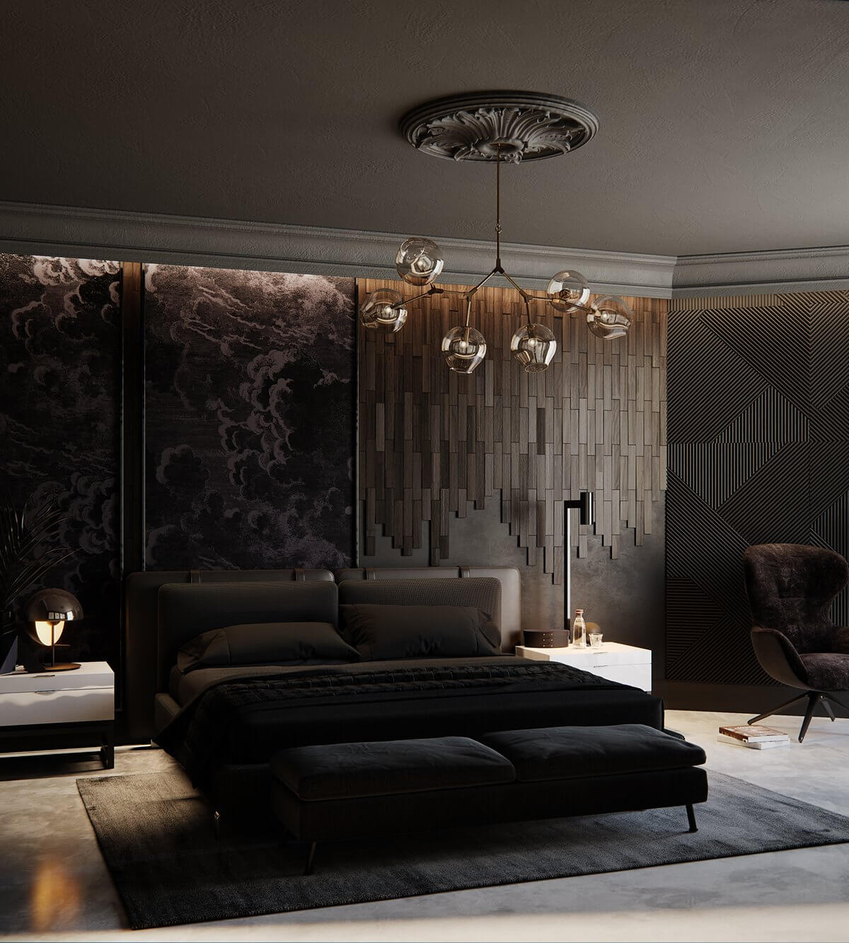 Moscow apartment bedroom black bed - cgi visualization