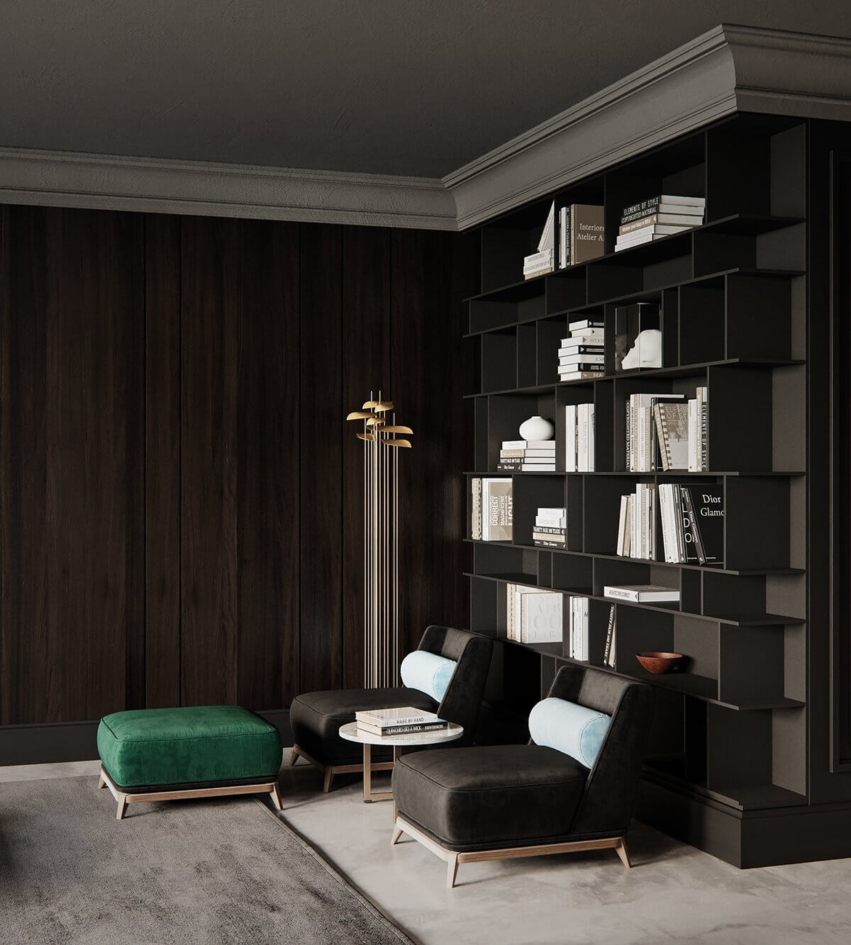 Moscow apartment living room book cabinet - cgi visualization