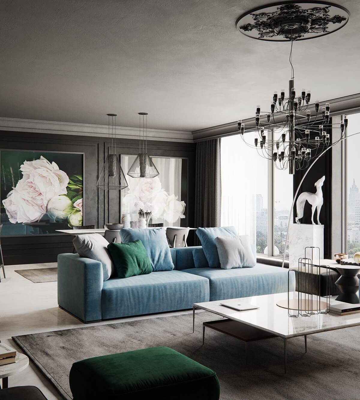 Moscow apartment living room couch - cgi visualization
