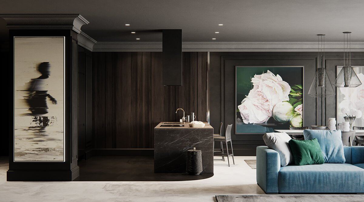 Moscow apartment living room kitchen block 2 - cgi visualization