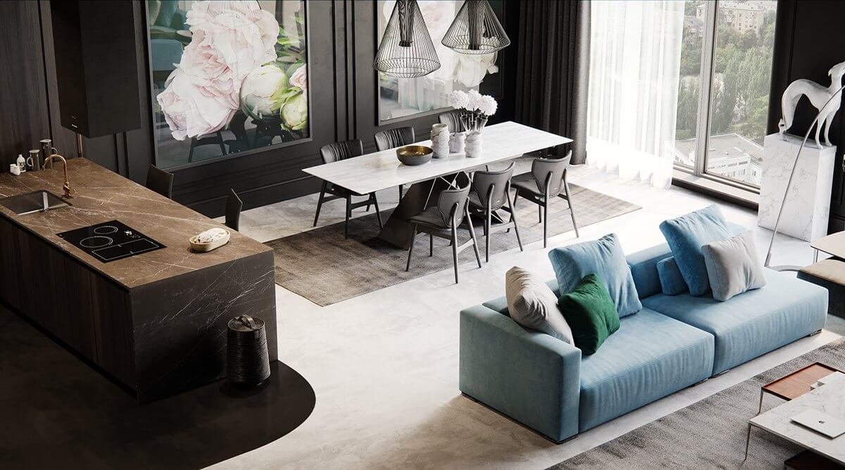 Moscow apartment living room kitchen block - cgi visualization
