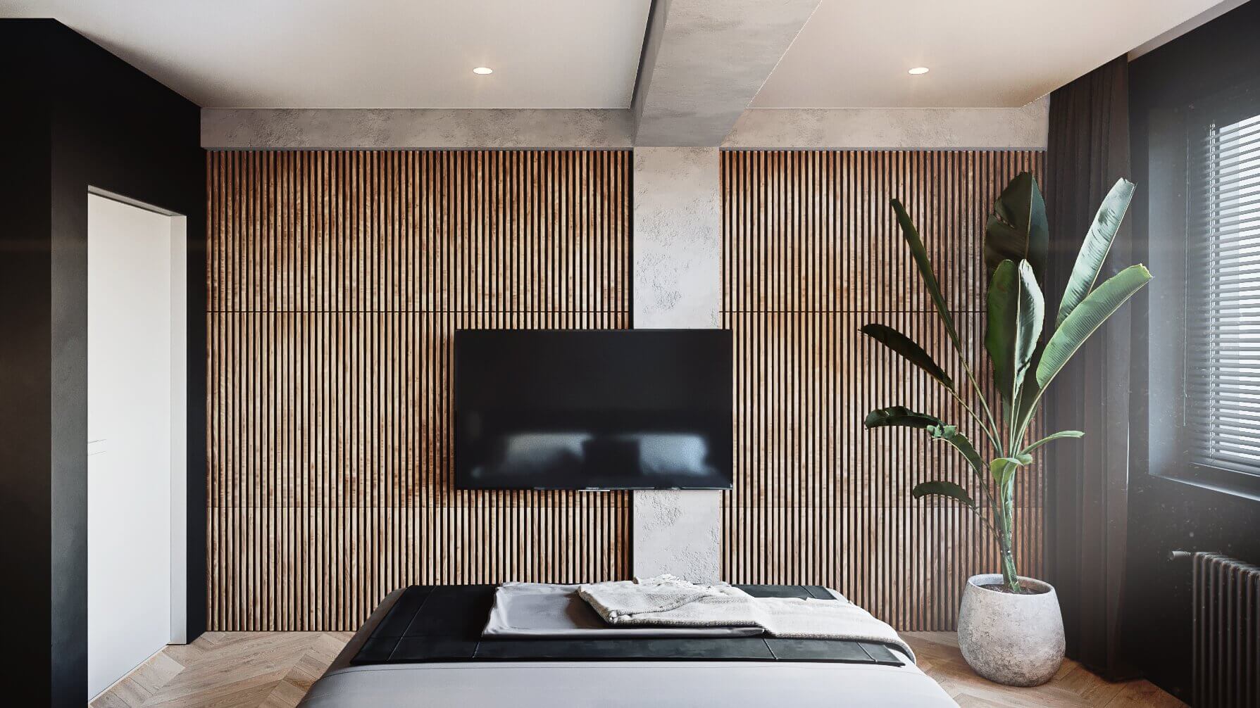 Nest Apartment bedroom design wood wall cladding - cgi visualization