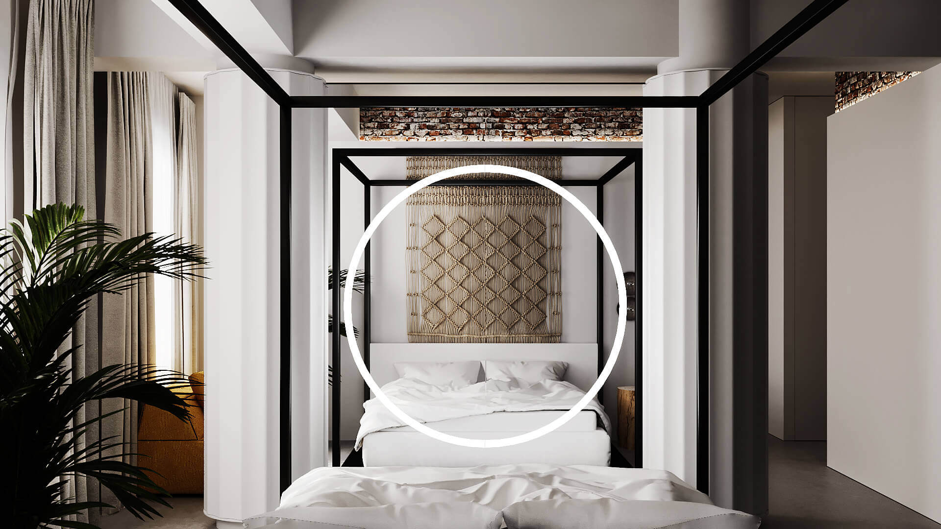 Oasis Apartment bedroom design round led light - cgi visualization