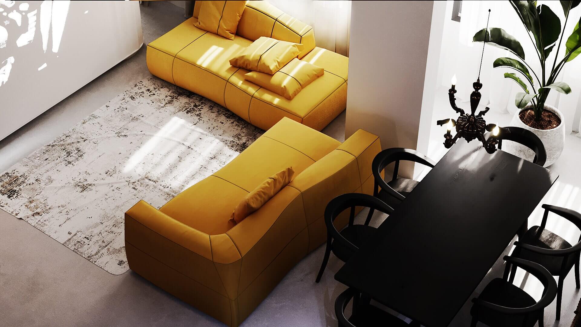 Oasis Apartment living room yellow fabric couch - cgi visualization