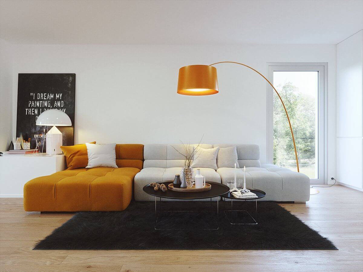 Open loft design living room couch orange fabric - cgi visualization