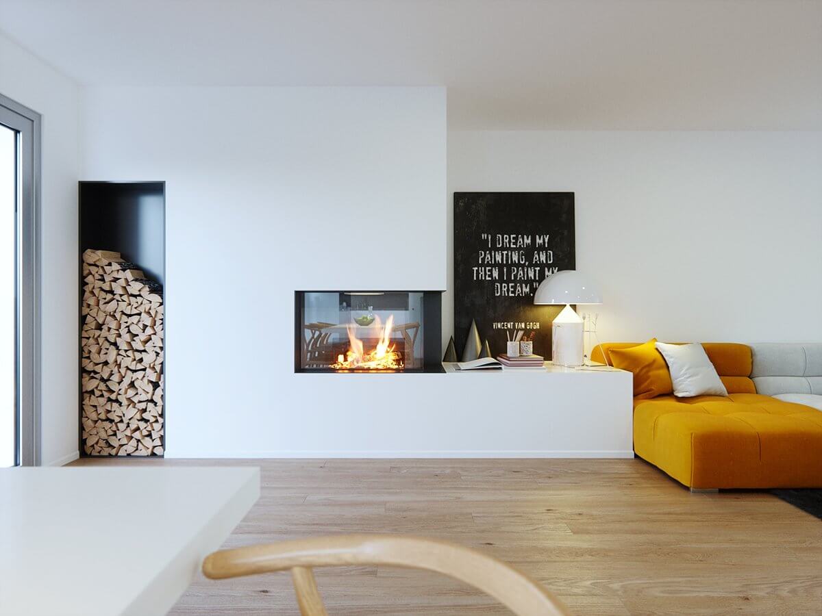 Open loft design living room fire place - cgi visualization