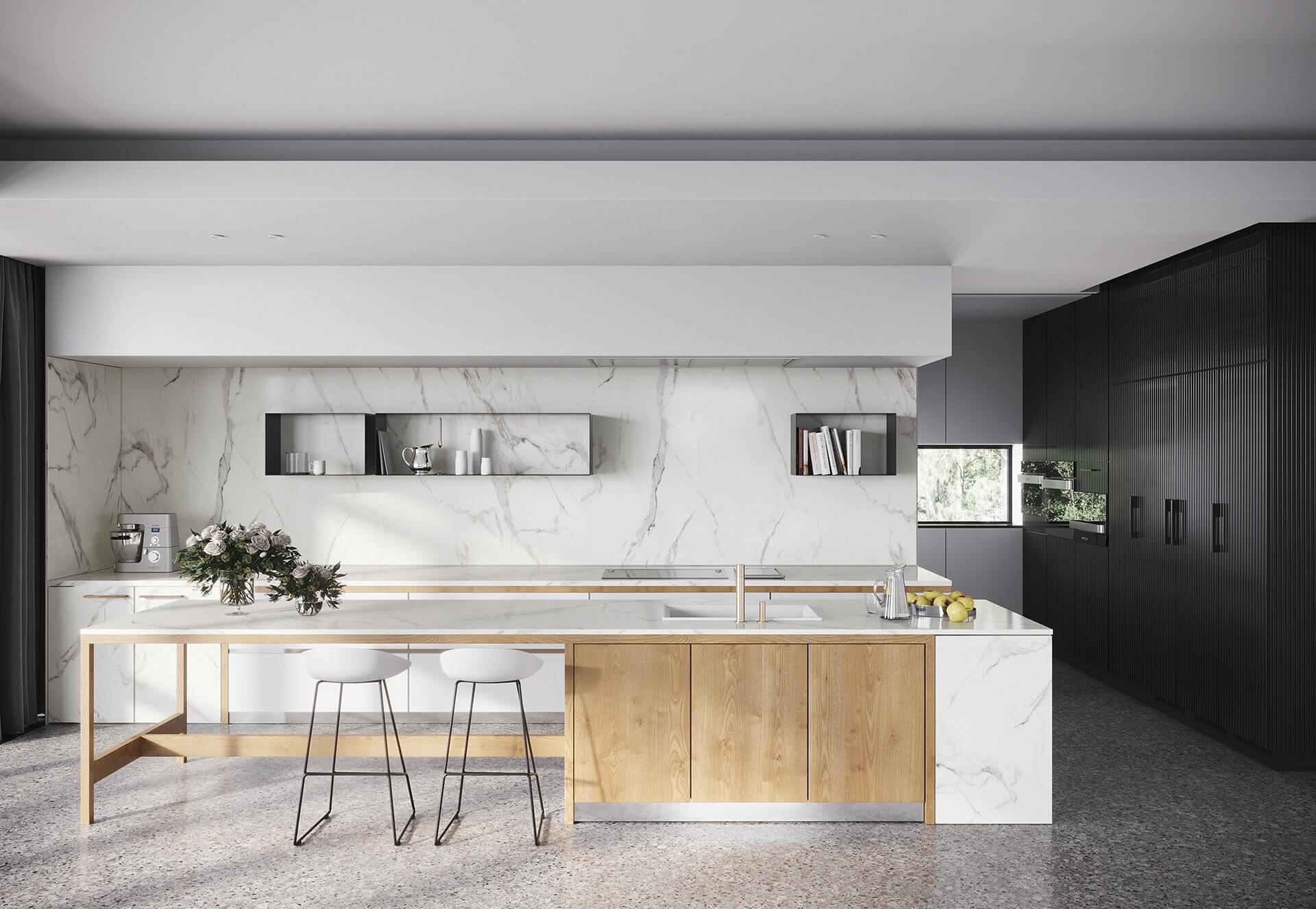 Oreo house living kitchen marble wood block - cgi visualization