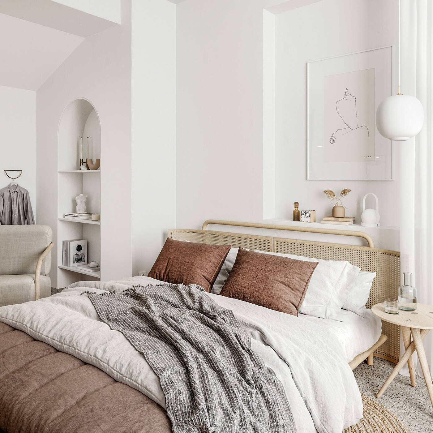 Pale stylish apartment bedroom design - cgi visualization