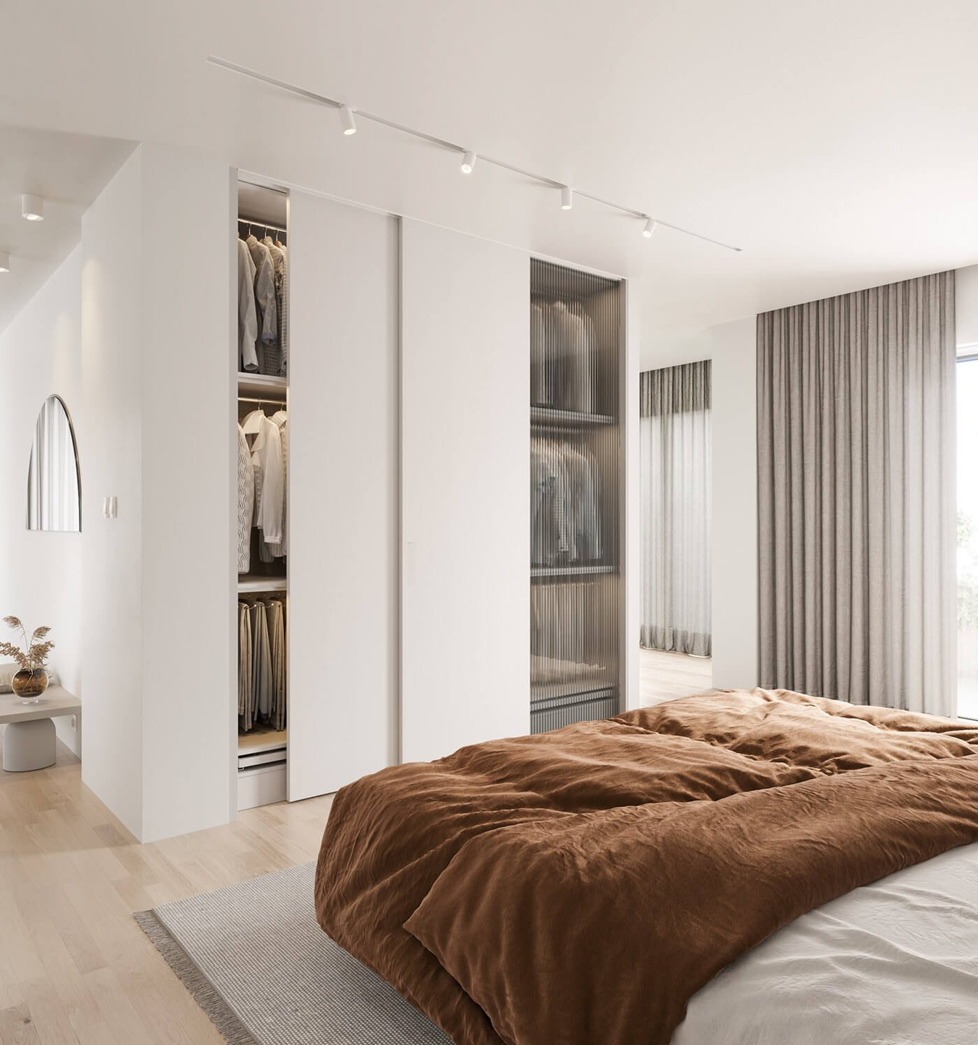 Pale stylish apartment bedroom wardrobe - cgi visualization