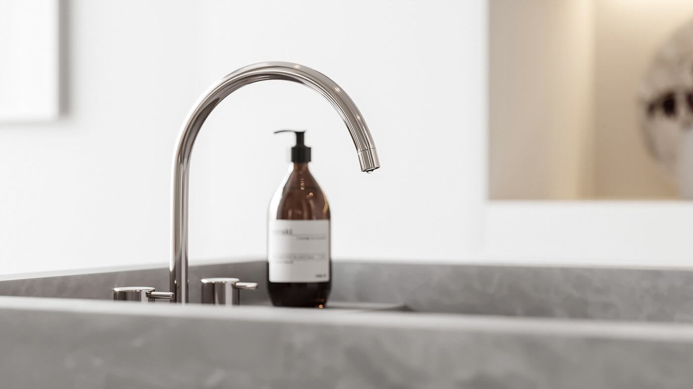 Pale stylish apartment faucet chrome kitchen design - cgi visualization
