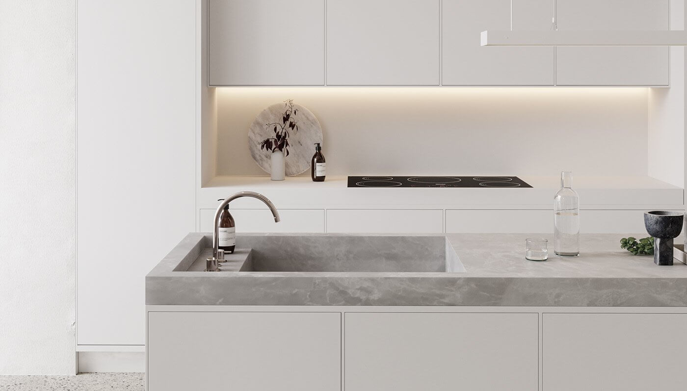 Pale stylish apartment kitchen block concrete top design - cgi visualization