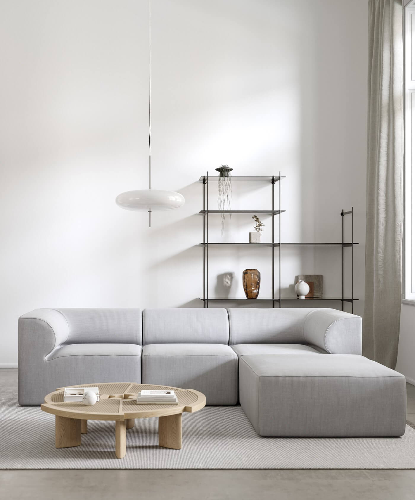 Pale stylish apartment living room glass white pendant lamp - cgi visualization