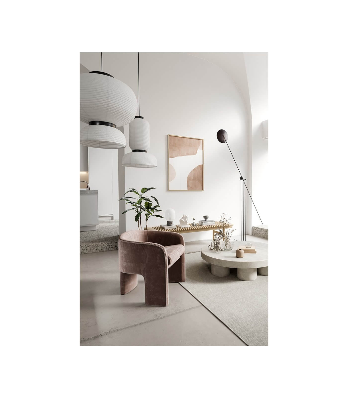 Pale stylish apartment lounge area living room - cgi visualization
