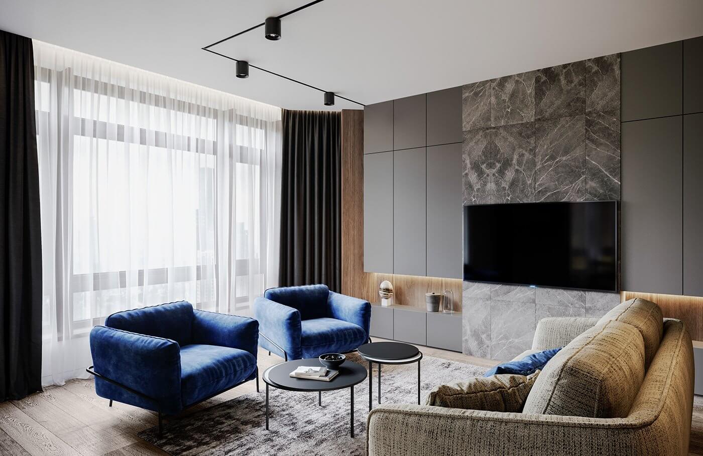 Pechersky Apartment living room blue fabric lounge chair - cgi visualization