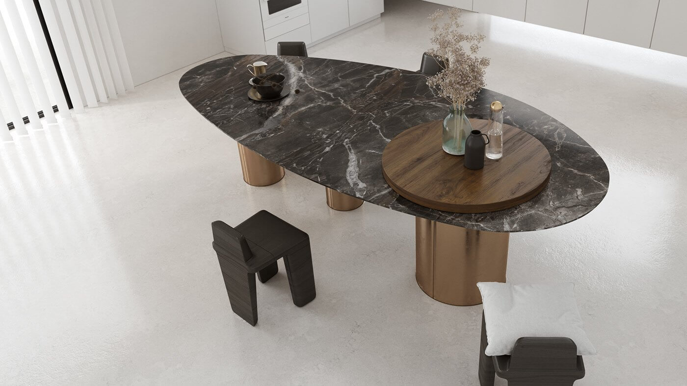 Simple white loft design dining room black marble table top - cgi visualization