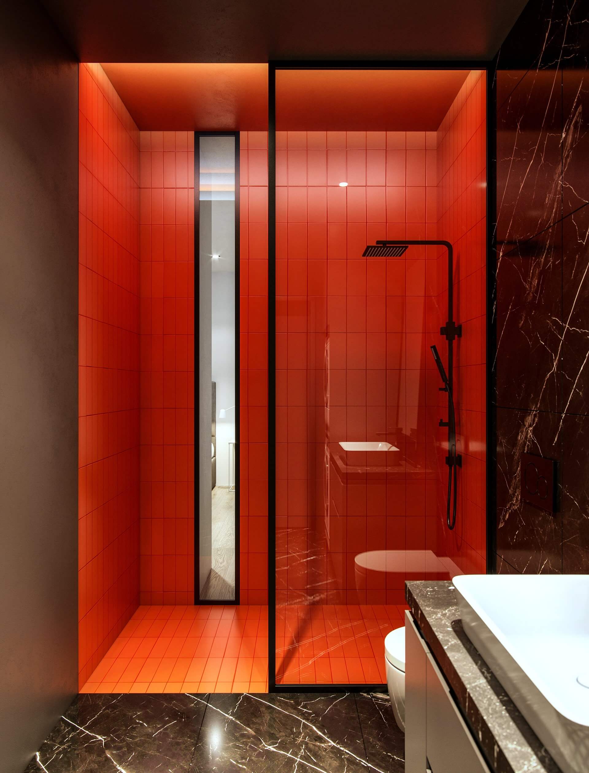 Small 63 m2 Apartment bathroom red shower - cgi visualization