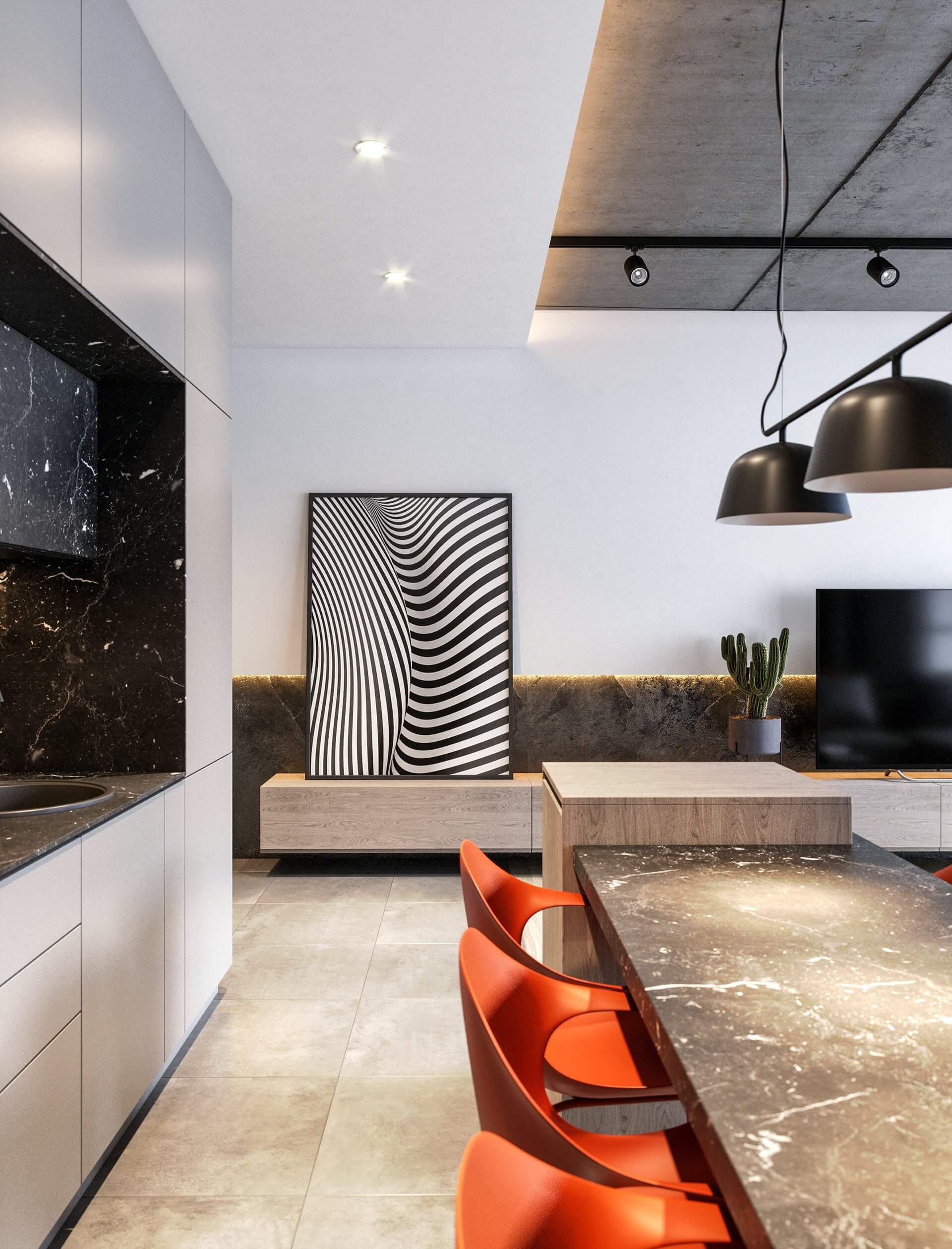 Small 63 m2 Apartment kitchen living design - cgi visualization