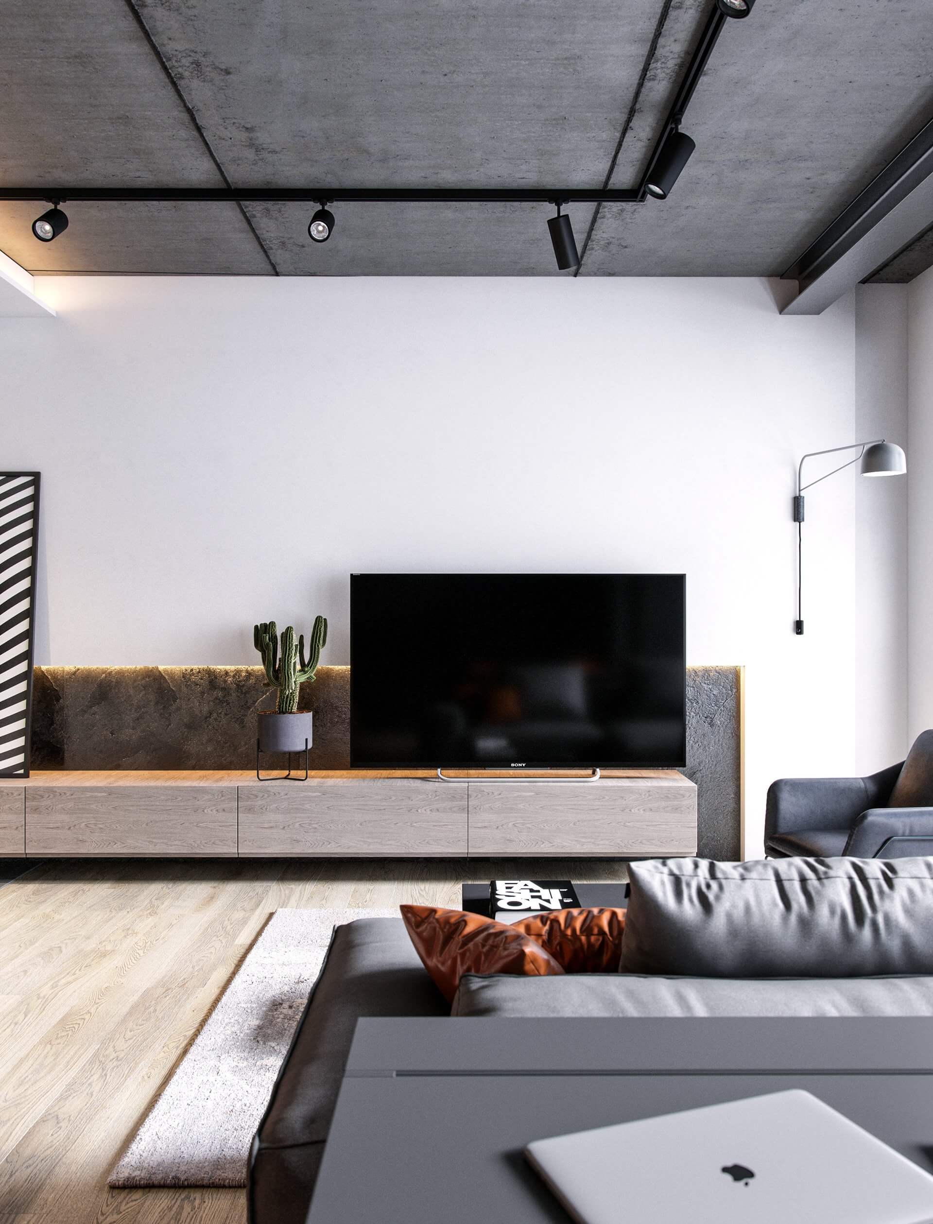 Small 63 m2 Apartment living room tv wall - cgi visualization