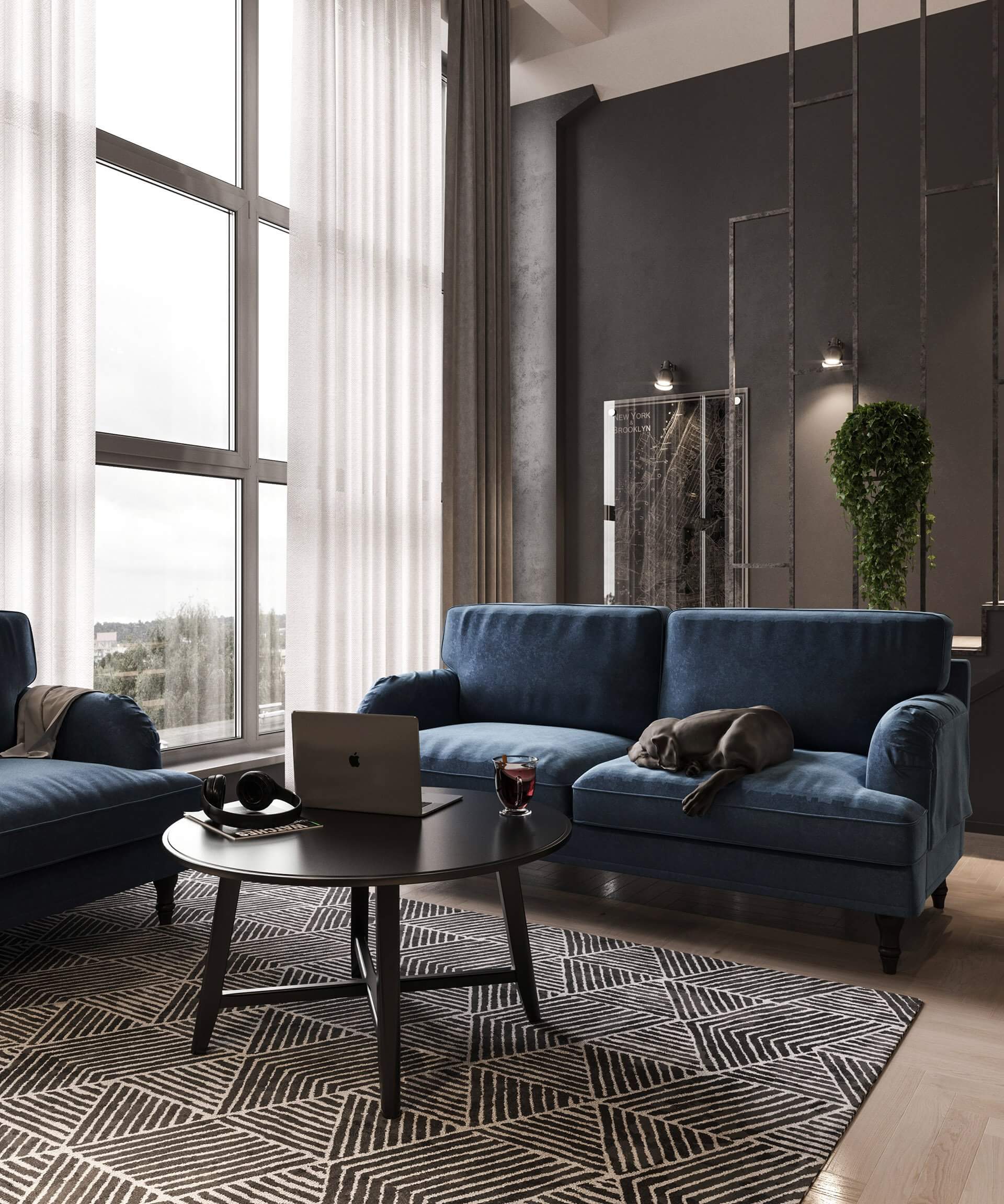 Small House 38 design living room blue fabric couch - cgi visualization
