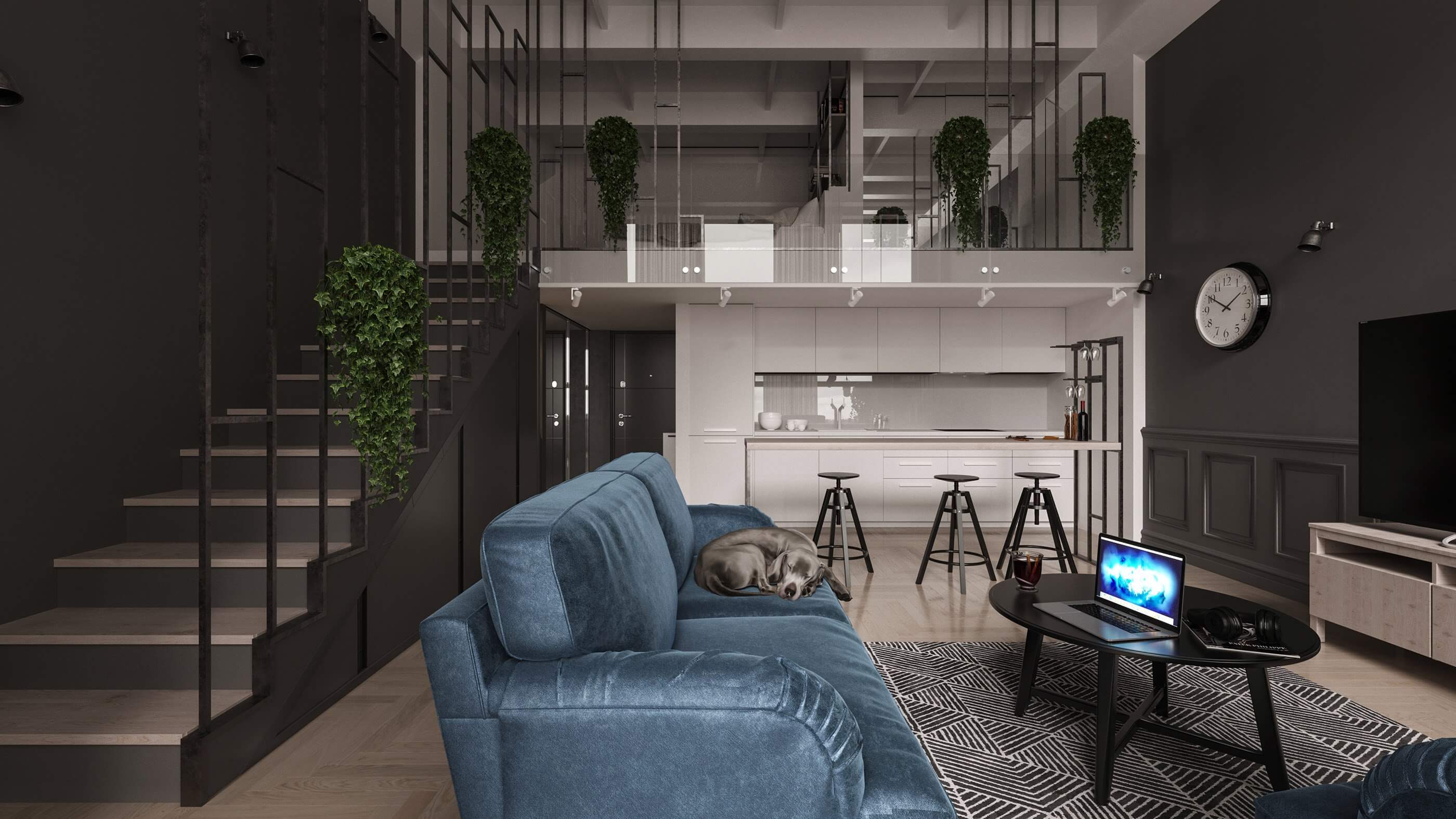 Small House 38 design living room blue velvet couch - cgi visualization