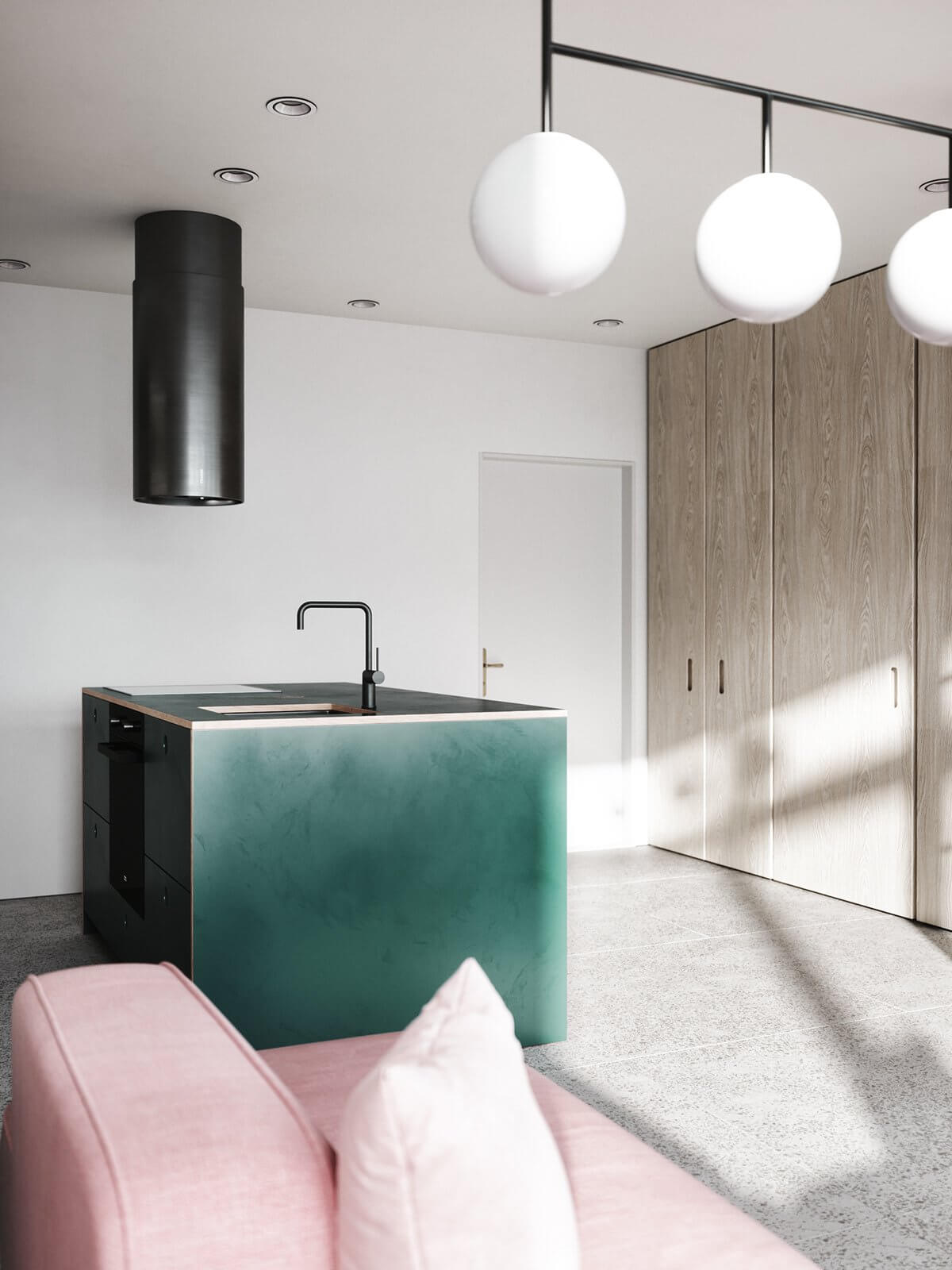 Small apartment kitchen block green - cgi visualization