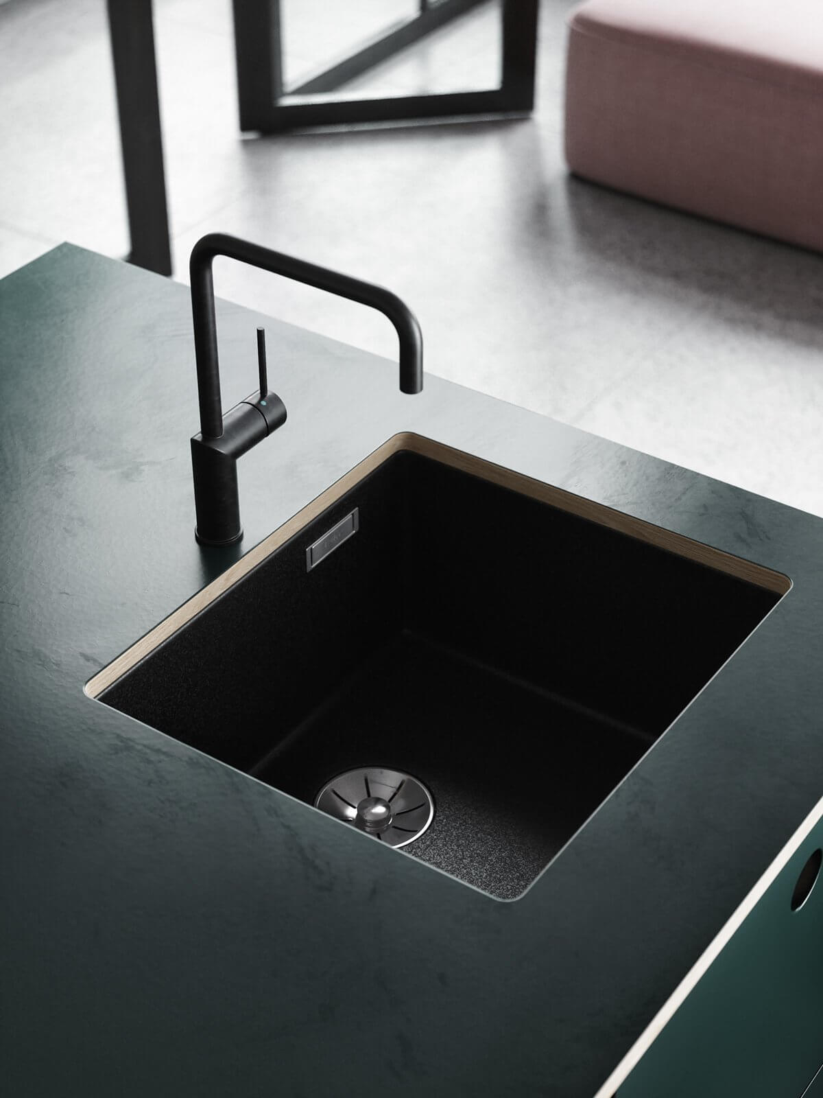 Small apartment kitchen block green sink - cgi visualization