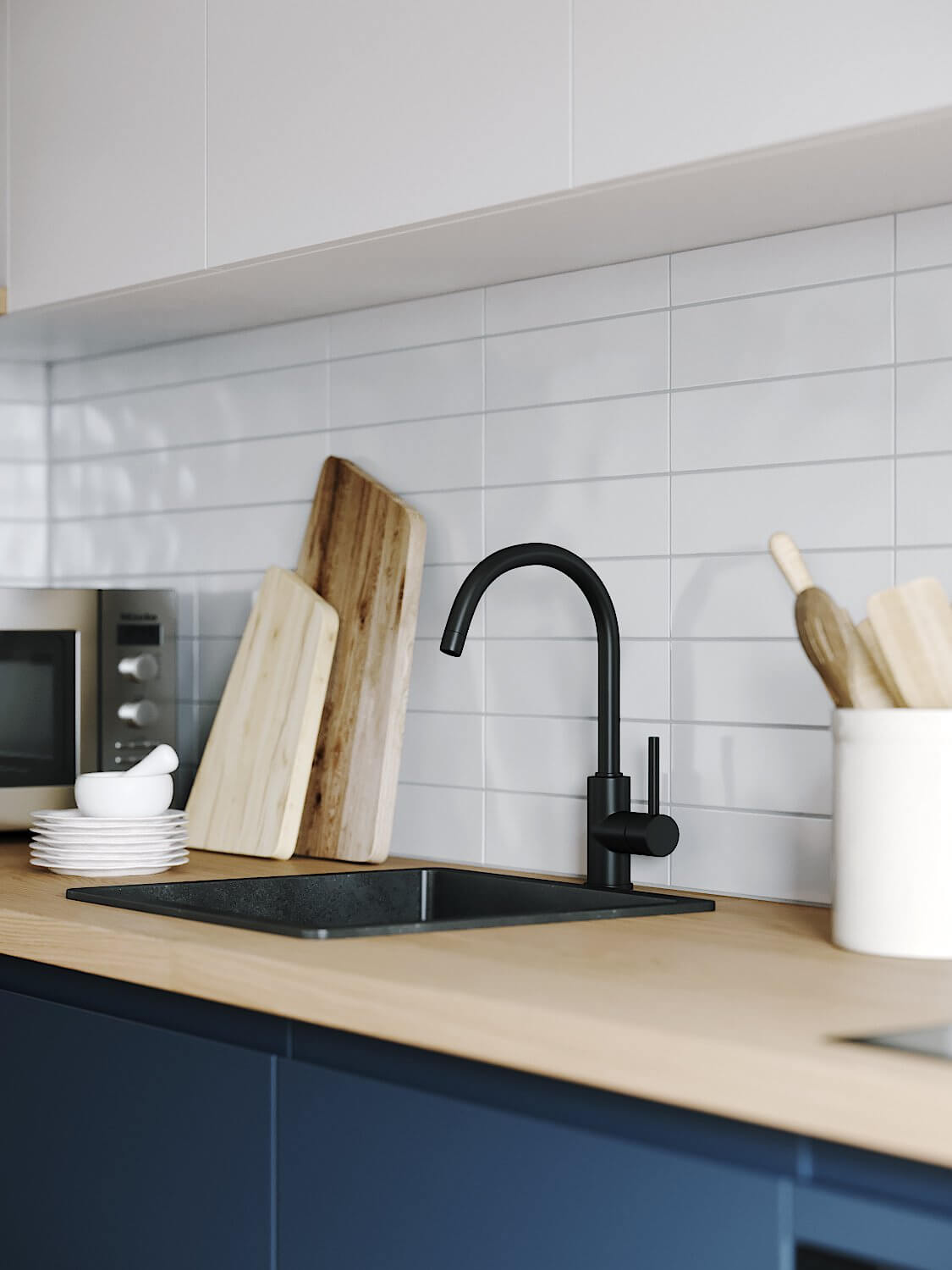 Stylish 72 metres sq. apartment dark kitchen faucet - cgi visualization