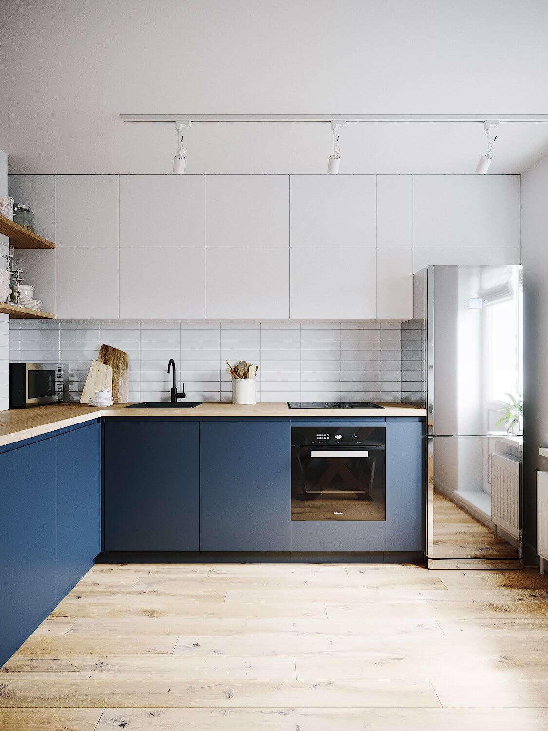 Stylish 72 metres sq. apartment kitchen design blue fronts - cgi visualization