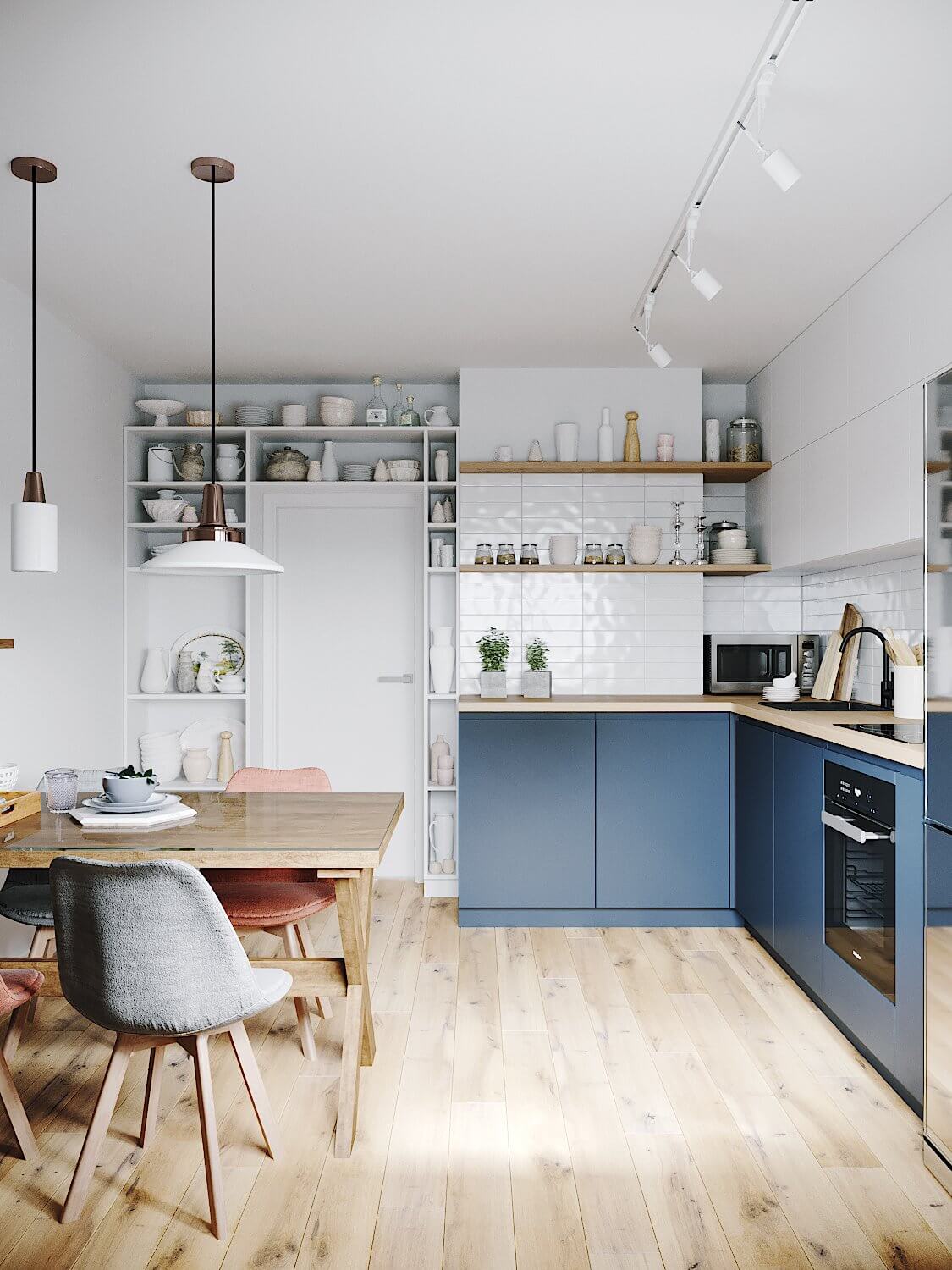 Stylish 72 metres sq. apartment kitchen design dining area - cgi visualization