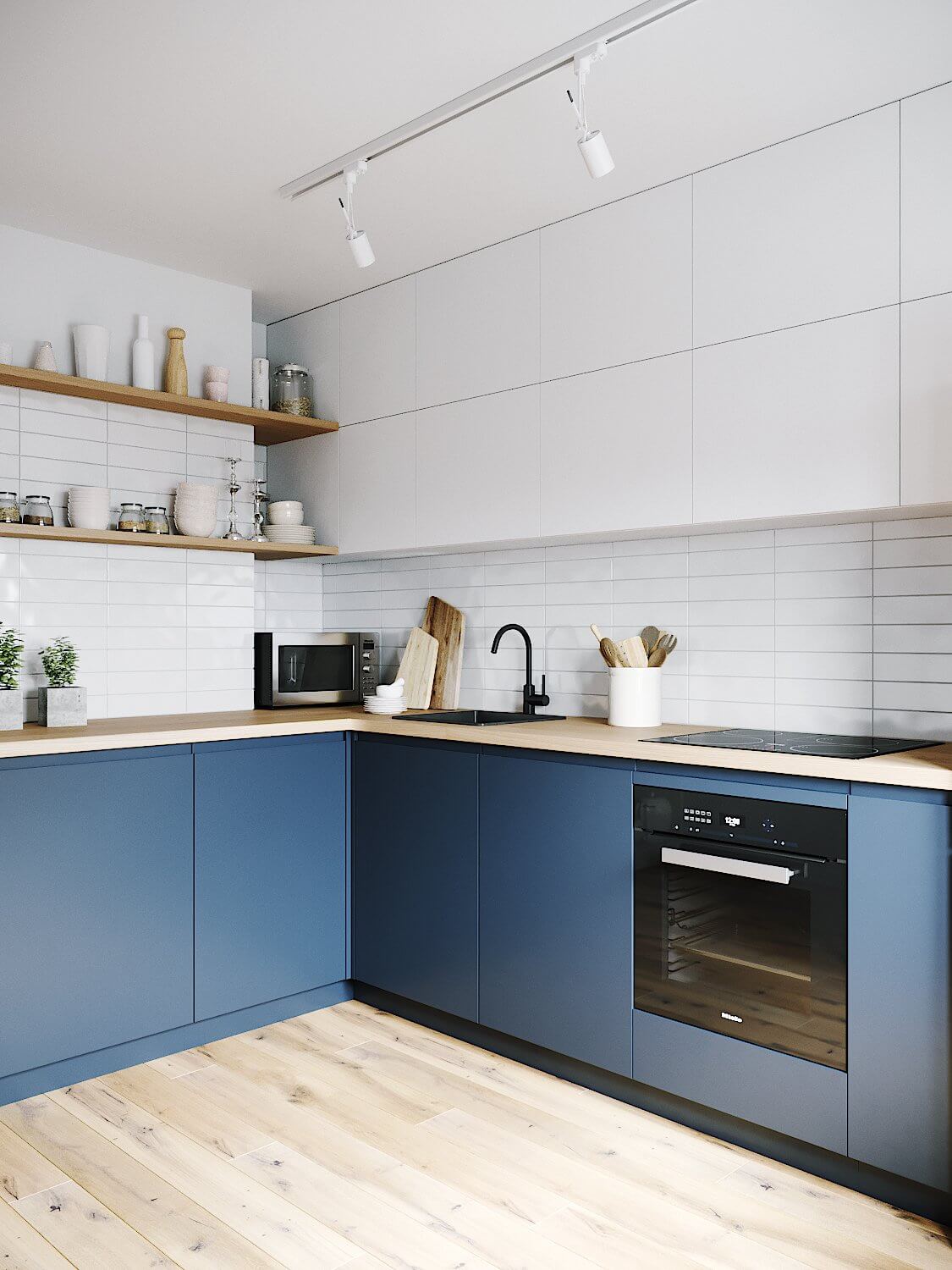 Stylish 72 metres sq. apartment kitchen design solid wood wall shelfs - cgi visualization