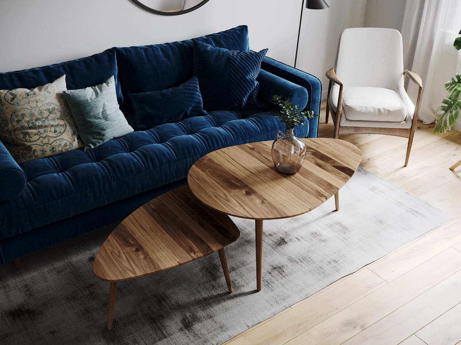 Stylish 72 metres sq. apartment living room blue couch wood side table - cgi visualization