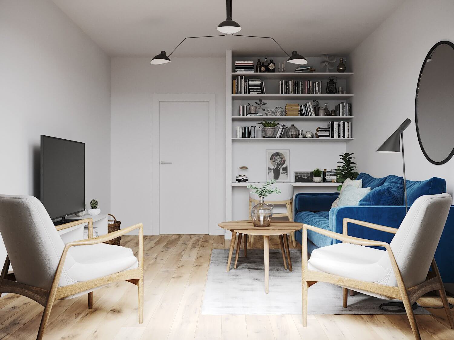 Stylish 72 metres sq. apartment living room office area - cgi visualization