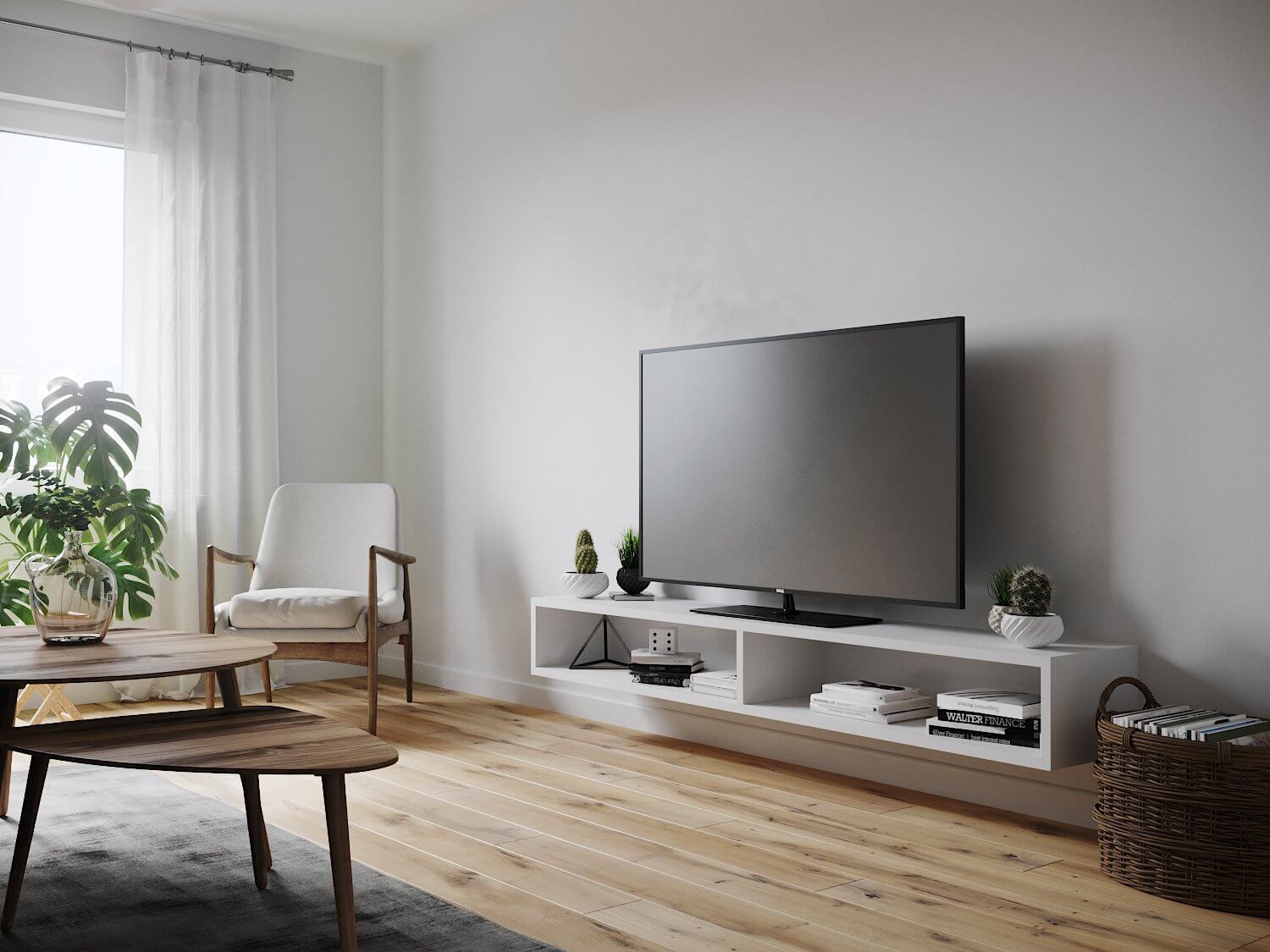 Stylish 72 metres sq. apartment living room tv wall lounge chair - cgi visualization