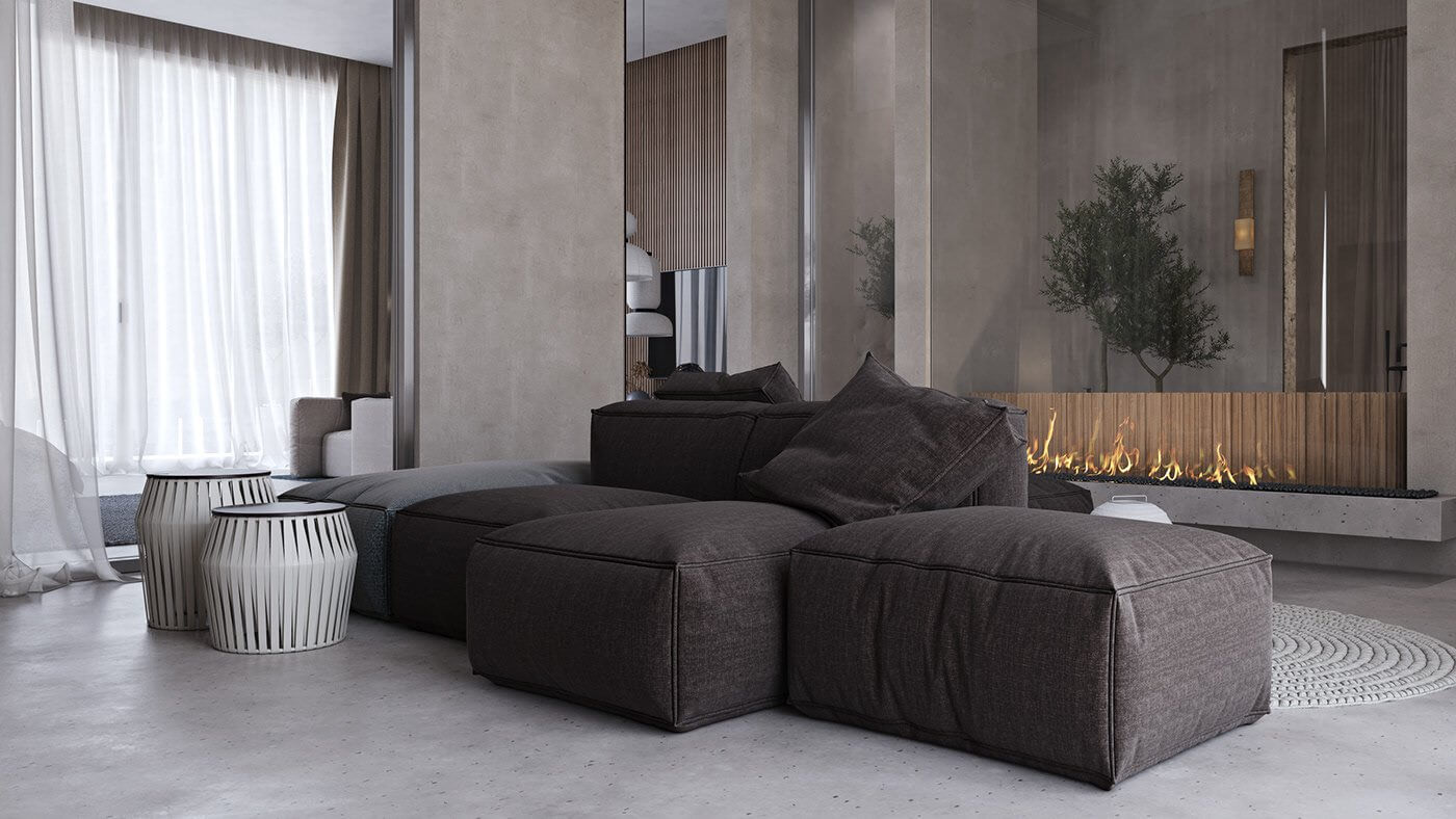 Stylish Apartment 01 living room couch fabric - cgi visualization