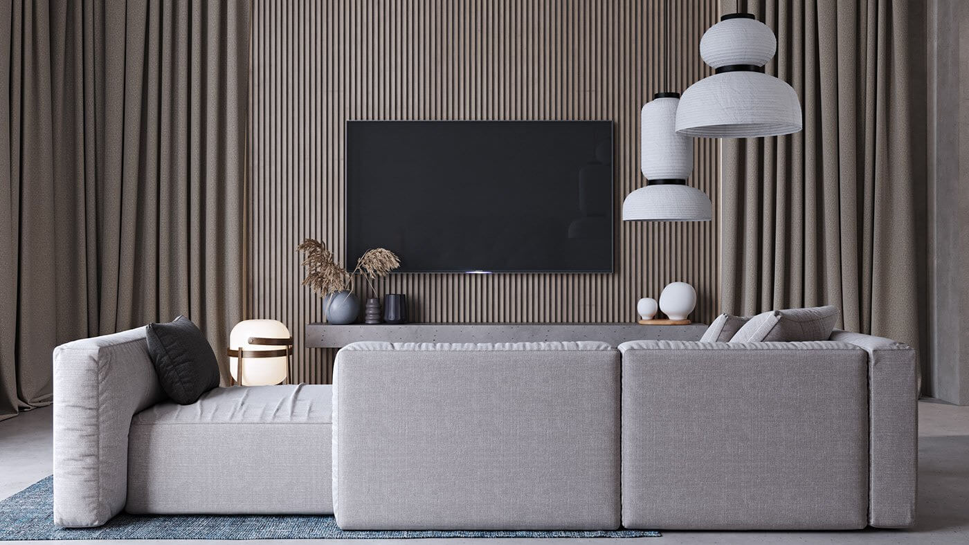 Stylish Apartment 01 living room tv wall cozy - cgi visualization