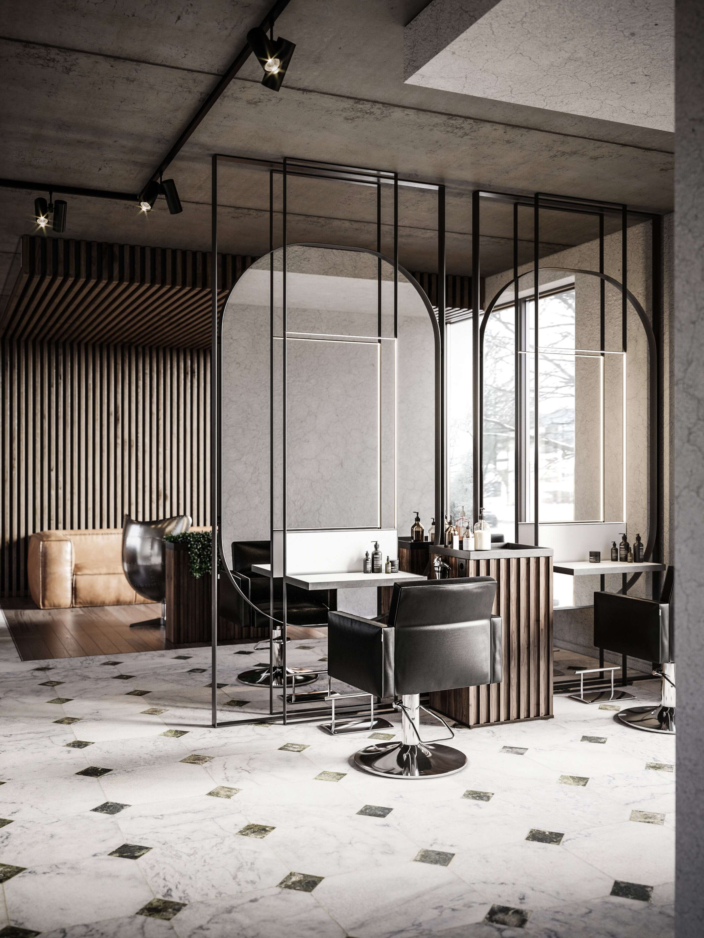 Stylish Beauty salon vinci big mirror and turning chairs - cgi visualization