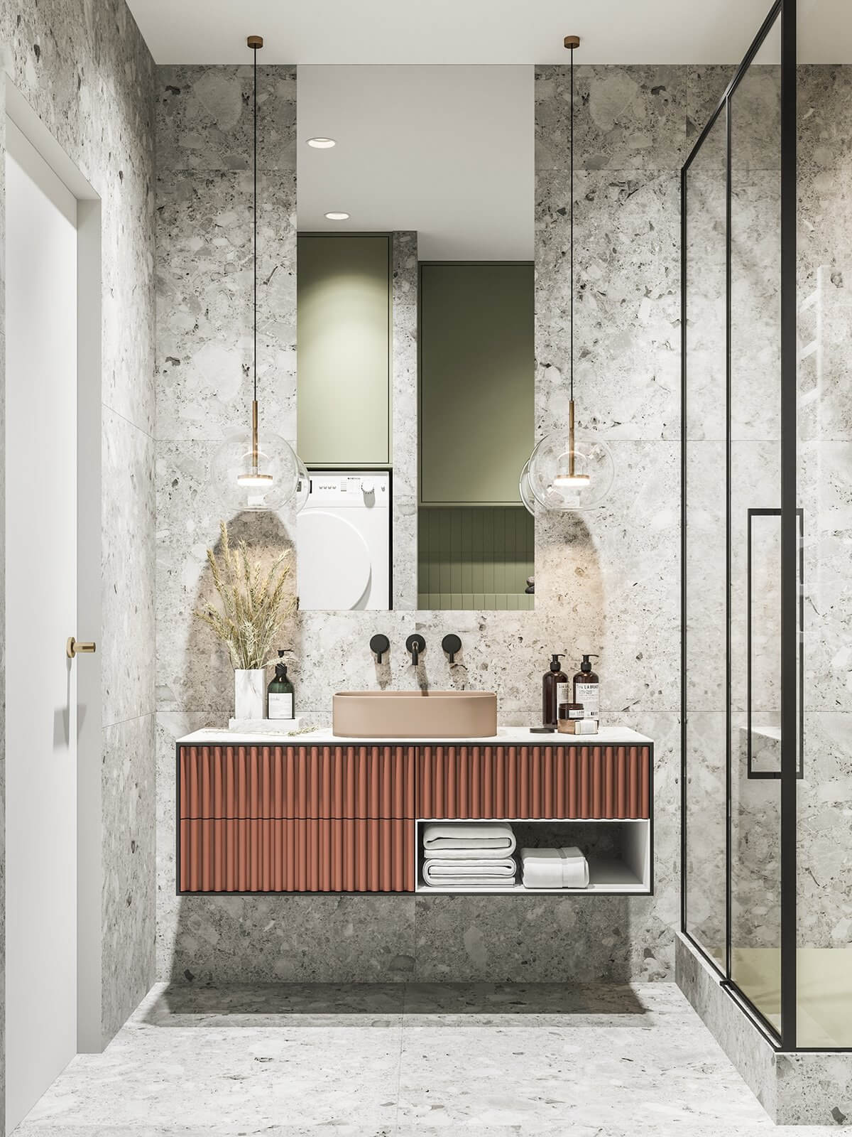 Stylish Classic Flat bathroom design cabinet wash basin mirror - cgi visualization