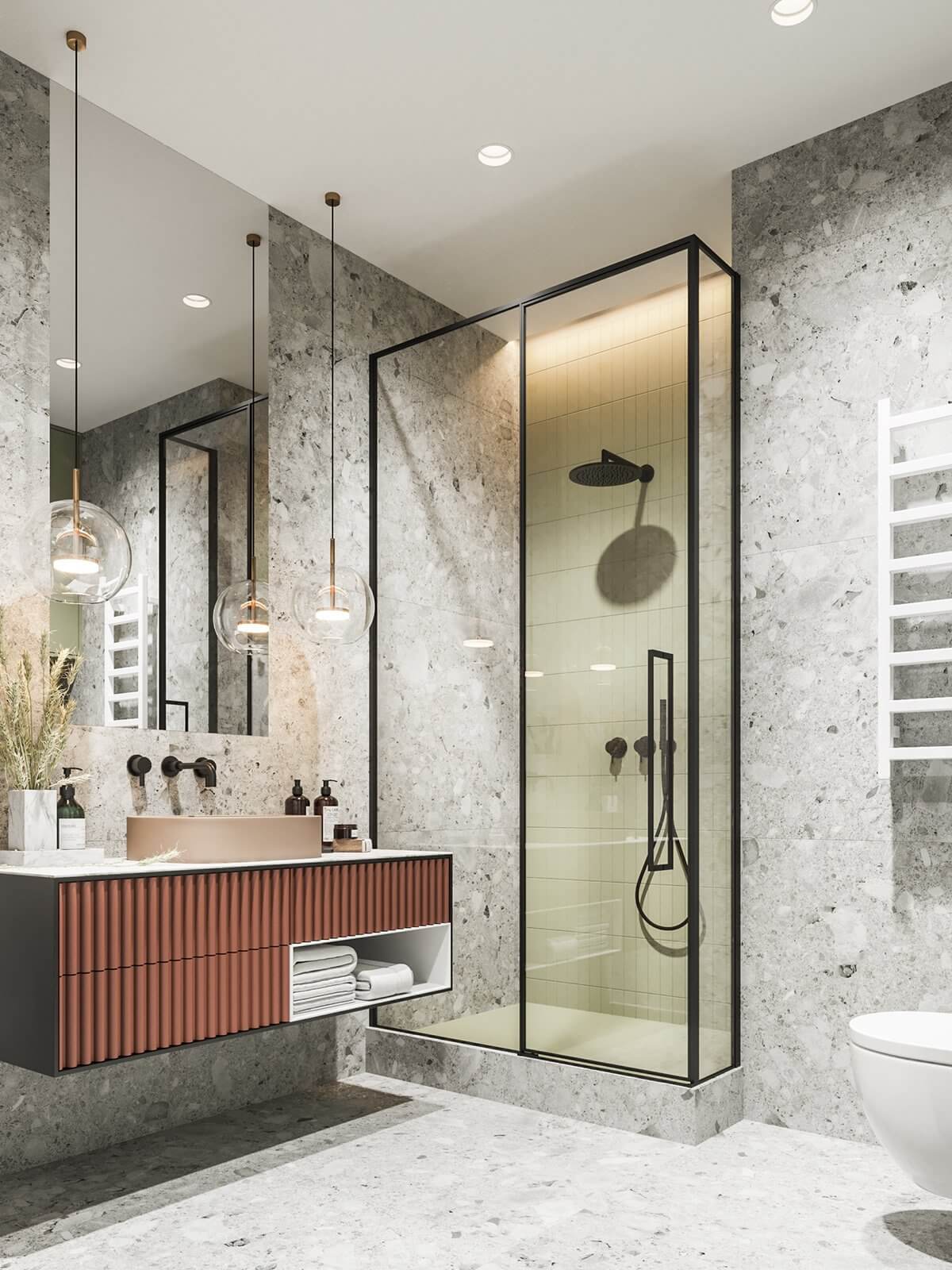 Stylish Classic Flat bathroom design cabinet wash basin mirror shower - cgi visualization
