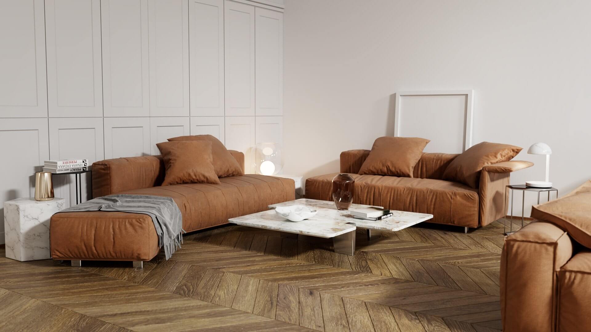 Stylish and classic living room couch leather - cgi visualization