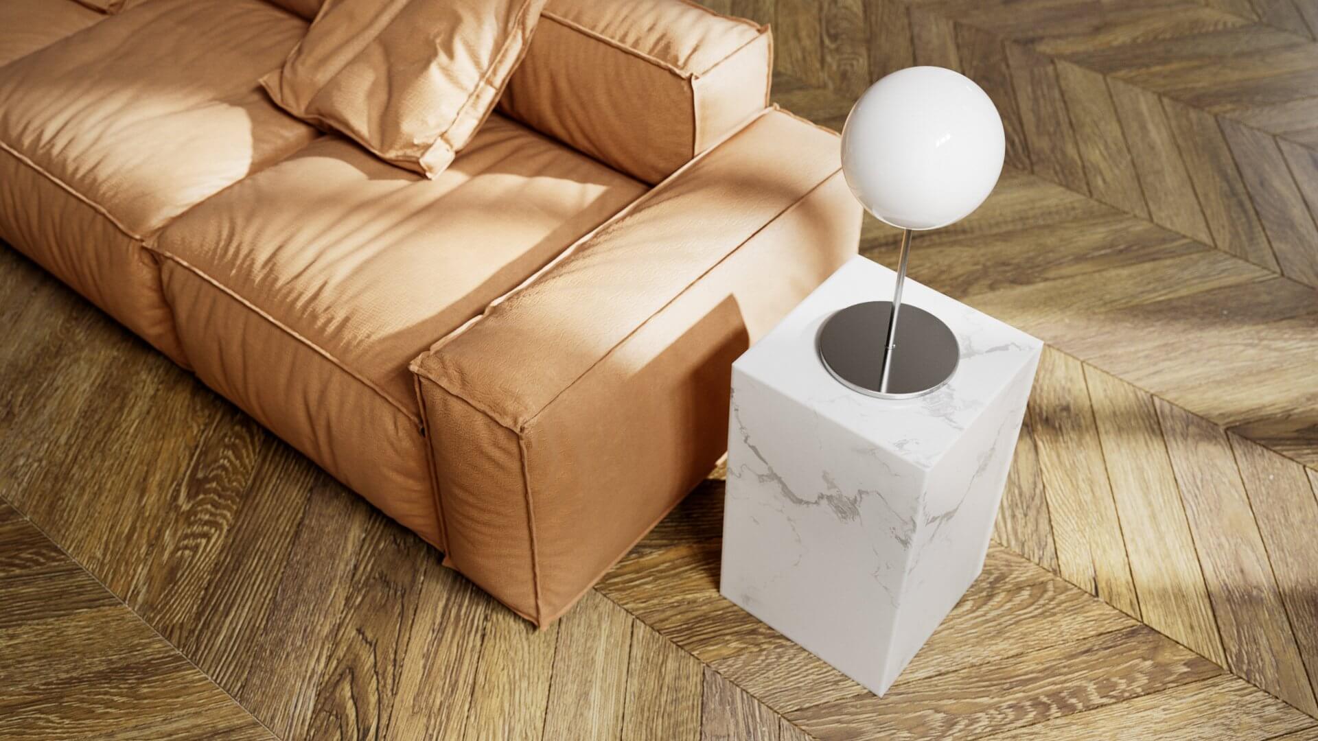 Stylish and classic living room couch side table lamp marble - cgi visualization