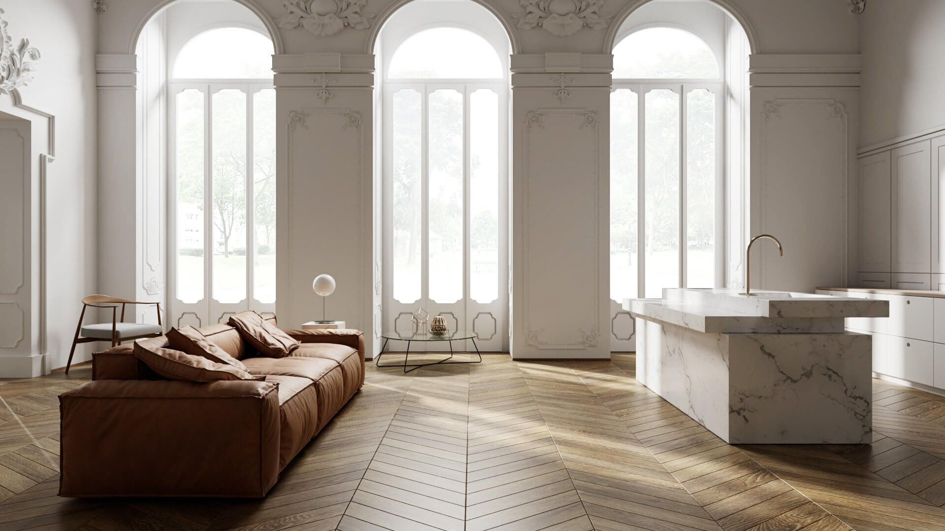 Stylish and classic living room kitchen block marble - cgi visualization