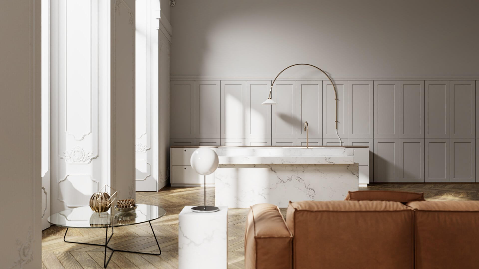 Stylish and classic living room kitchen block marble white - cgi visualization