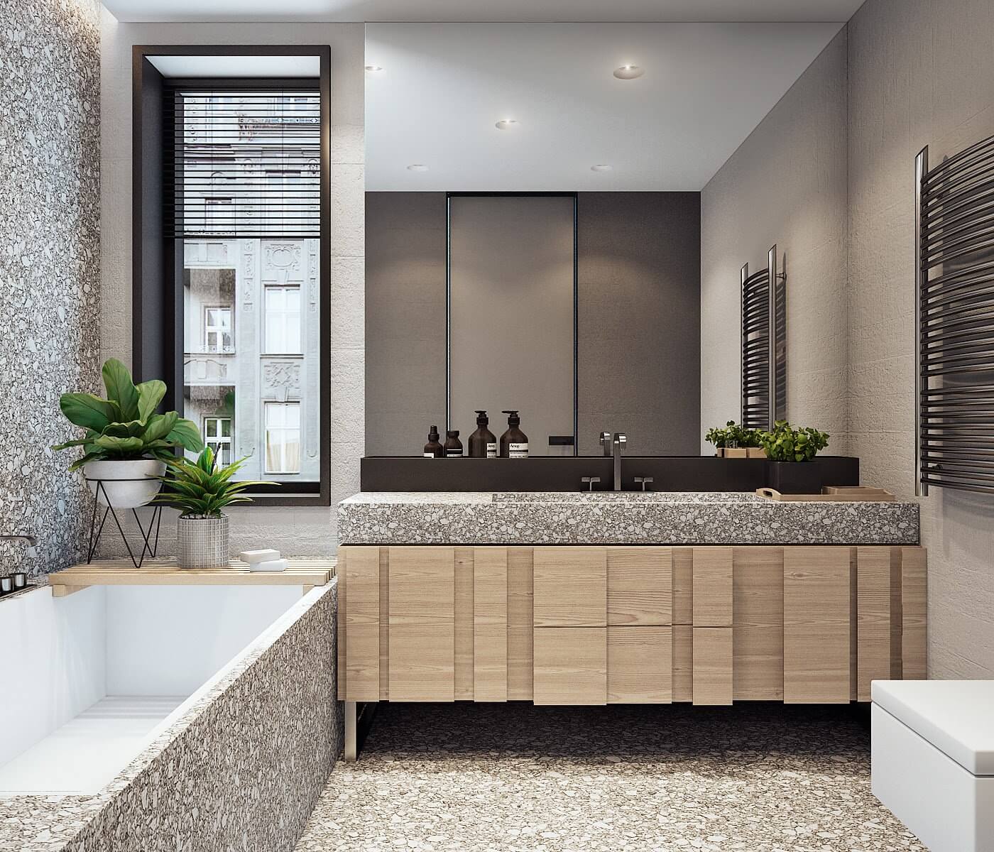 Stylish cozy apartment in italy bathroom cabinet wood - cgi visualization