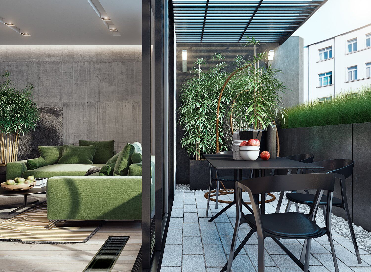 Stylish cozy apartment in italy living room balcony - cgi visualization