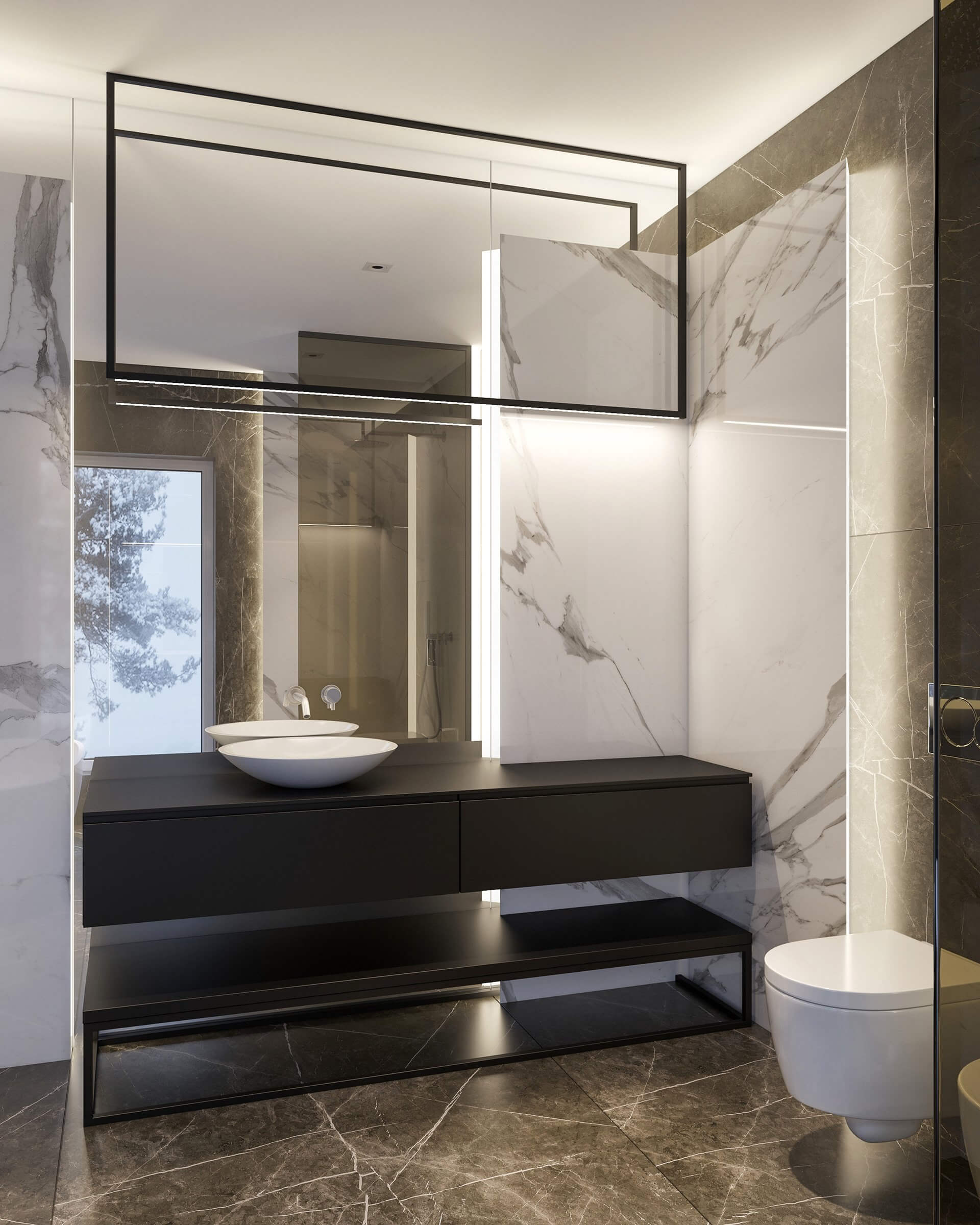 Stylish interior concept design bathroom cabinet stone floor marble walls - cgi visualization